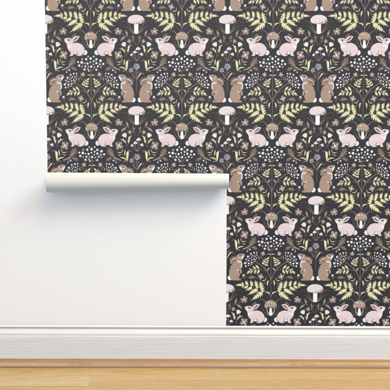 Brown Damask Modern Art Nouveau Nature Forest Rabbit Hare Mushroom Floral Botanical Woods Woodland Large Scale Custom Removable Wallpaper by Spoonflower Peel & Stick Wallpaper 2FT Wide